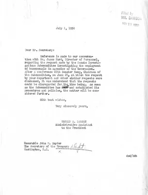 Letter from Donald S. Dawson to Secretary of the Treasury John W. Snyder