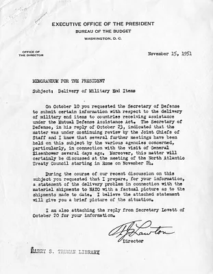 Memorandum from Frederick J. Lawton to President Harry S. Truman with Attachment