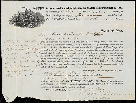 Bill of lading, Gage, Hittinger & Co. for items shipped on Timoleon, Boston to New Orleans