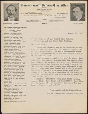Sacco-Vanzetti Defense Committee typed letter (circular) to the members of the United Mine Workers of America and all other mine workers, Boston, Mass., August 16, 1927