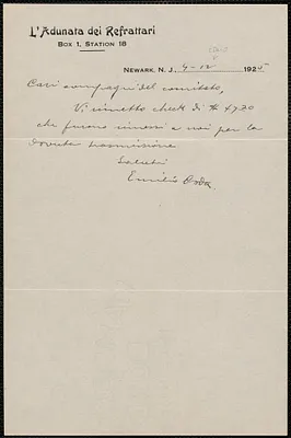 Emilio Coda autograph note signed, in Italian, to Sacco-Vanzetti Defense Committee, Newark, N.J., December 9, 1925