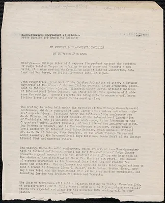 Sacco-Vanzetti Conference of Chicago press release, Chicago, Ill. [November 1926?]: To protest Sacco-Vanzetti decision on November 25th here