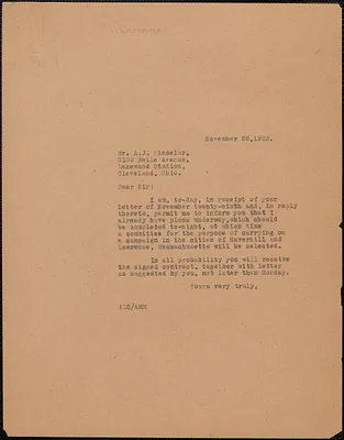 [Albert L.] Carpenter typed letter (copy) to A. J. Sindelar, [Boston, Mass.], November 23, 1923