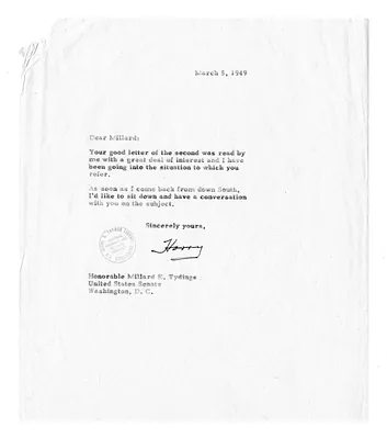 Letter from President Harry S. Truman to Senator Millard Tydings