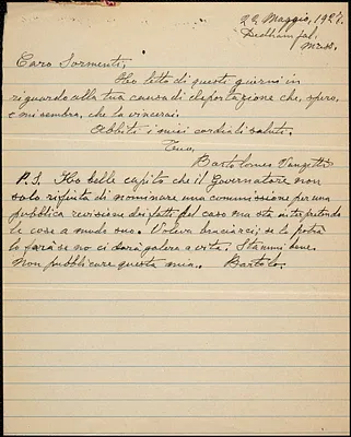 Bartolomeo Vanzetti autographed note signed to Ena Sormenti [Vittorio Vidali], Dedham, 22 May 1927