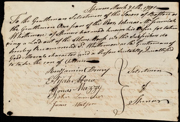 Sarah Man indentured to apprentice with Jeremiah Whittemore of Spencer, 7 April 1791