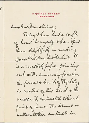 Palmer, George Herbert, 1842-1933 autograph letter signed to Hugo Münsterberg, Cambridge, Mass., 08 December 1911
