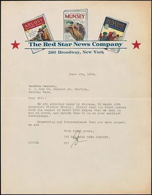 The Red Star News Company typed letter signed (initials) to Gardner Jackson, New York, N. Y., June 4, 1928