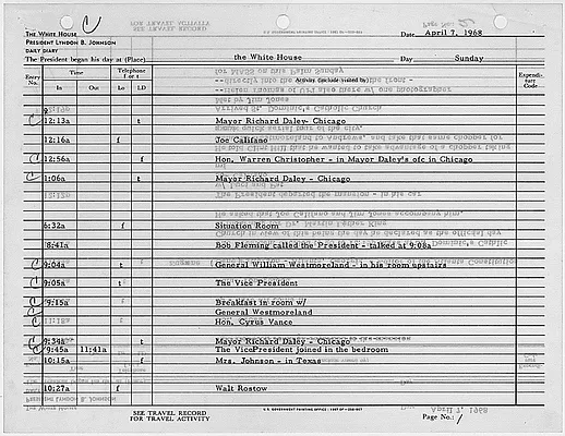 President's Daily Diary Entry, April 7, 1968