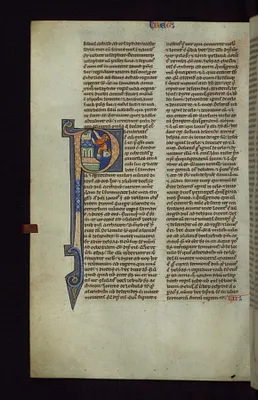 Historiated Initial ""P"" with Ahaziah Falling from a Window