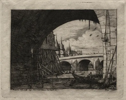 Etchings of Paris:  An Arch of the Notre Dame Bridge