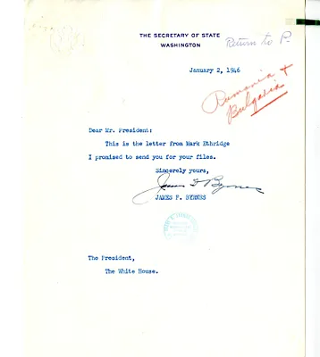 Letter from Secretary of State James Byrnes to President Harry S. Truman, with Attachment