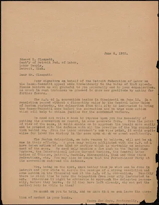 Sacco-Vanzetti Defense Committee typed letter to Edward H. Clampett (Detroit Federation of Labor), Boston, Mass., June 6, 1922