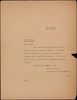 Joseph Moro (Sacco-Vanzetti Defense Committee) typed letter (copy) to Irene Benton, Boston, Mass., December 13, 1927