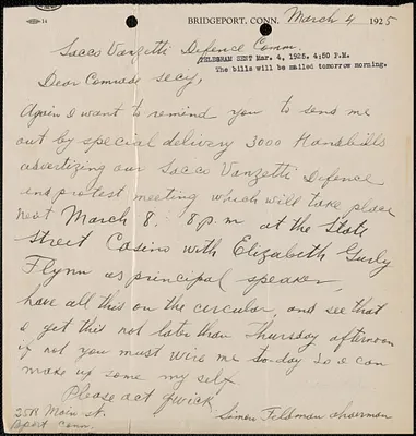 Simon Feldman autograph letter signed to Sacco-Vanzetti Defense Committee, Bridgeport, Conn., March 4, 1925