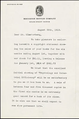 Greenslet, Ferris, 1875-1959 typed letter signed to Hugo Münsterberg, Boston, 26 August 1913