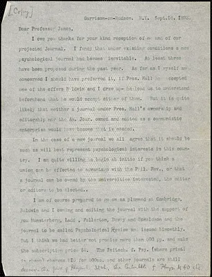 Cattell, James McKeen, 1860-1944 typed letter (copy) to Prof. James, Garrison-on Hudson, 16 September 1893