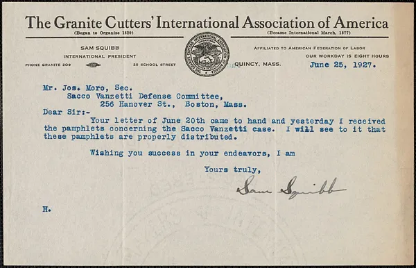 Sam Squibb (The Granite Cutters' International Association of America) typed note signed to Joseph Moro, Quincy, Mass., June 25, 1927