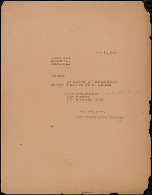 Sacco-Vanzetti Defense Committee typed note (copy) to Century Press, Boston, Mass., November 19, 1924