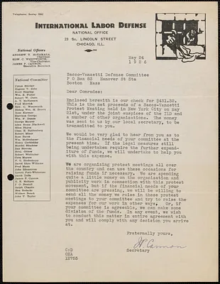 James P. Cannon (International Labor Defense) typed letter signed to Sacco-Vanzetti Defense Committee, Chicago, Ill., May 24, 1926