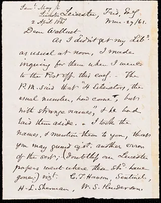 Letter from Samuel May, Jr., Leicester [Mass.], to Robert Folger Wallcut, Frid. Eveg, Mar. 29 / [18]61