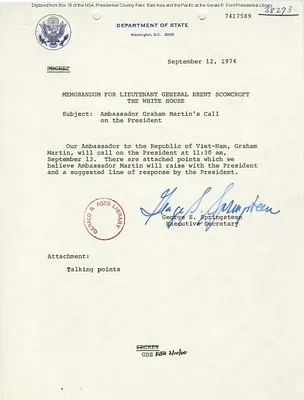 Memorandum with Talking Points for President Gerald R. Ford's Meeting with Ambassador Graham Martin