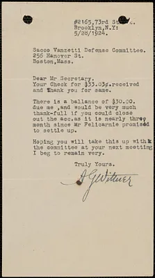 Adolph G. Wittner typed note signed to Sacco-Vanzetti Defense Committee, Brooklyn, N.Y., May 28, 1924