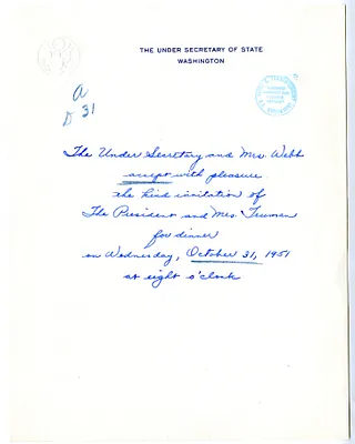 Invitation Reply, Under Secretary of State and Mrs. James Webb to the White House Social Office