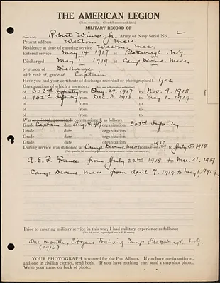 American Legion military record of Robert Winsor, Jr.
