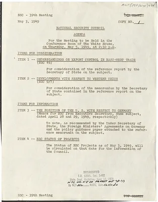 Agenda for the Thirty-Ninth Meeting of the National Security Council