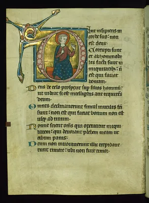 Leaf from Psalter: Psalm 52, Initial D with Seated Apostle