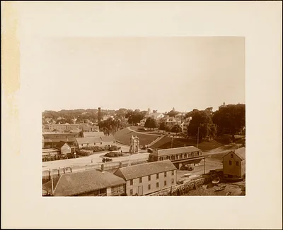 Plymouth waterfront, summer of 1920, looking towards Cole's Hill, showing the monument designed by Hammatt Billings (1859) for Plymouth Rock