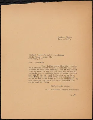 Sacco-Vanzetti Defense Committee typed letter (copy) to Student Sacco-Vanzetti Committee, Boston, Mass., June 4, 1927
