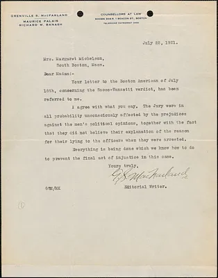 Grenville S. MacFarland typed letter signed to Margaret Michelson, Boston Mass., July 22, 1921