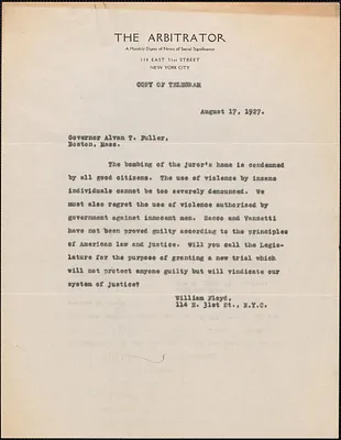 William Floyd (The Arbitrator) telegram (copy) to Alvan T. Fuller, New York, N. Y., August 17, 1927