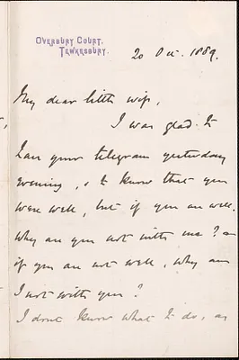 [John Biddulph Martin] autograph note to [Victoria Woodhull Martin], Tewkesbury [England], October 20, 1889