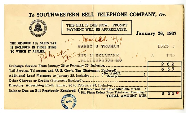 Bill from Southwestern Bell Telephone Company to Harry S. Truman