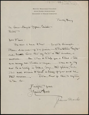 Jeannette Marks autograph letter signed to Sacco-Vanzetti Defense Committee, South Hadley, Mass., October 26, 1926