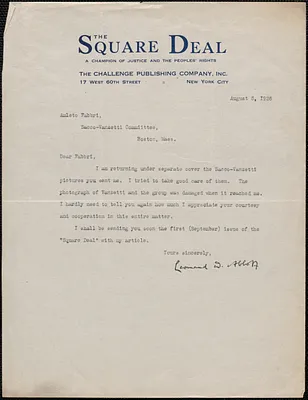 Leonard D. Abbott (The Square Deal) typed letter signed to Amleto Fabbri (Sacco-Vanzetti Defense Committee), New York, N.Y., August 5, 1926