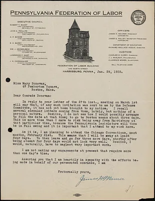 James H. Maurer (Pennsylvania Federation of Labor) typed letter signed to Mary Donovan, Harrisburg, Pa., January 29, 1925