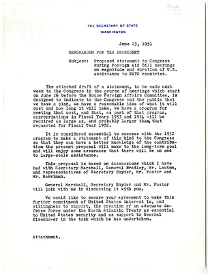 Memorandum from Secretary of State Dean Acheson to President Harry S. Truman, with Attachment
