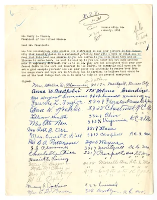 Letter from Mrs. Stella Plummer and Others to President Harry S. Truman