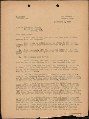 [Fred H. Moore] typed letter (copy) to E[lizabeth Glendower Evans, Boston, Mass., February 6, 1924