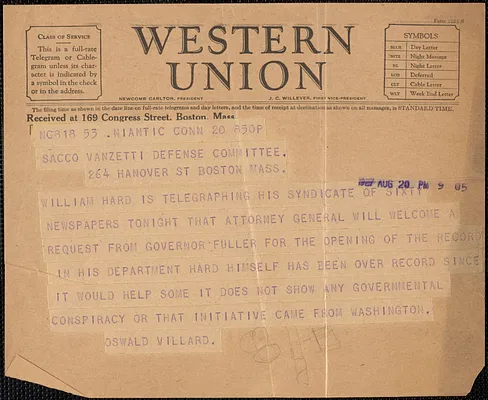 Oswald Garrison Villard telegram to Sacco-Vanzetti Defense Committee, Niantio, Conn., August 20, 1927