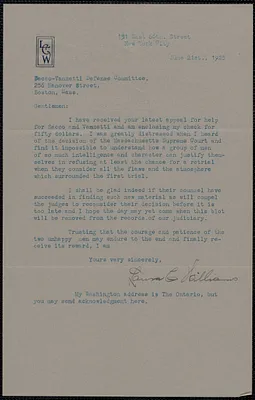 Laura C. Williams typed letter signed to Sacco-Vanzetti Defense Committee, New York, N.Y., June 21, 1926