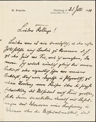 Francke, Kuno, 1855-1930 autograph letter signed to Hugo Münsterberg, Flensburg, Ger., 21 July 1910