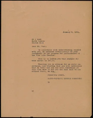 Sacco-Vanzetti Defense Committee typed letter (copy) to A. Boni, Boston, Mass., January 3, 1924