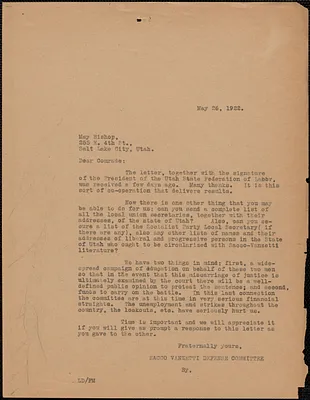 Sacco-Vanzetti Defense Committee typed letter (copy) to Mae Bishop, Boston, Mass., May 26, 1922