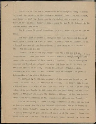 Citizens National Committee for Sacco and Vanzetti press release, [Boston, Mass., August 1927]