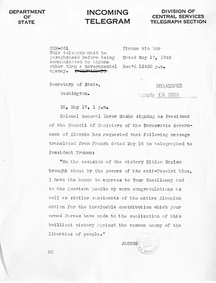 Telegram from Jacobs to Secrertary of State Edward Stettinius